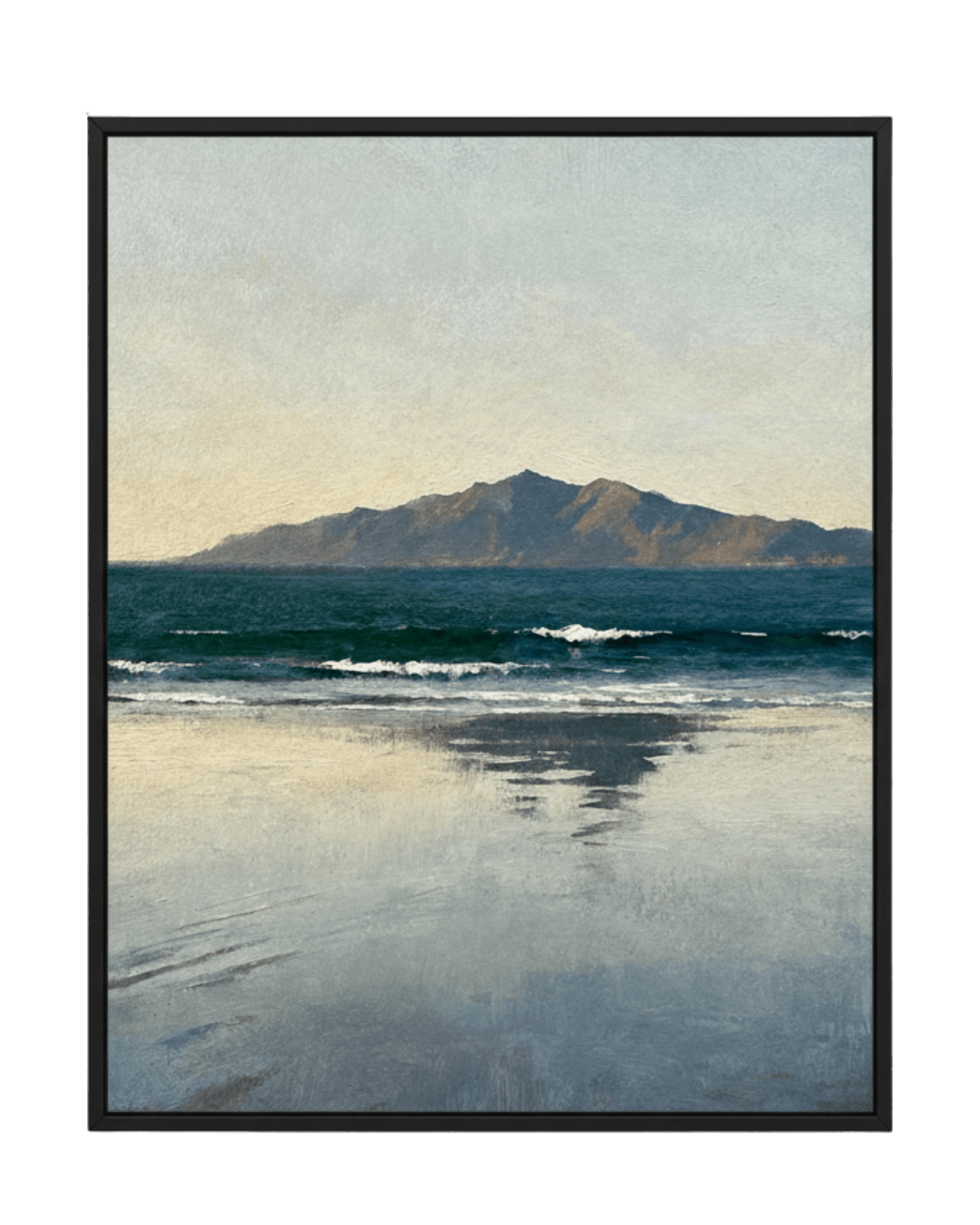 Quiet Horizon Seascape Wall Art print featuring calm ocean waves and a distant island under a soft sky. A Calm Ocean Horizon That Brings Stillness to a Space Wall Art.