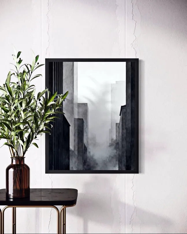 City Fog Lines Black and White Modern Art