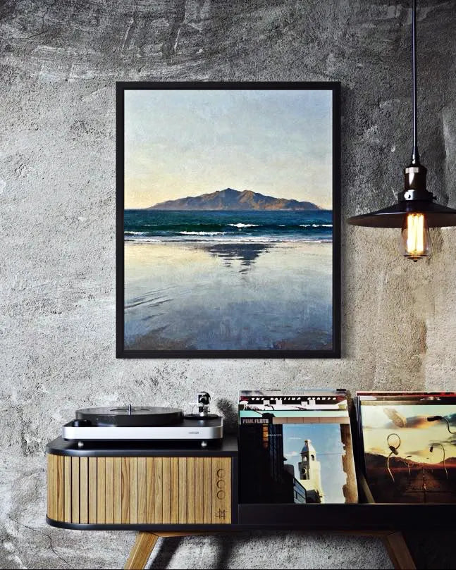 Framed Quiet Horizon Seascape Wall Art above a record console in an industrial-style room. A Calm Ocean Horizon That Brings Stillness to a Space Wall Art.