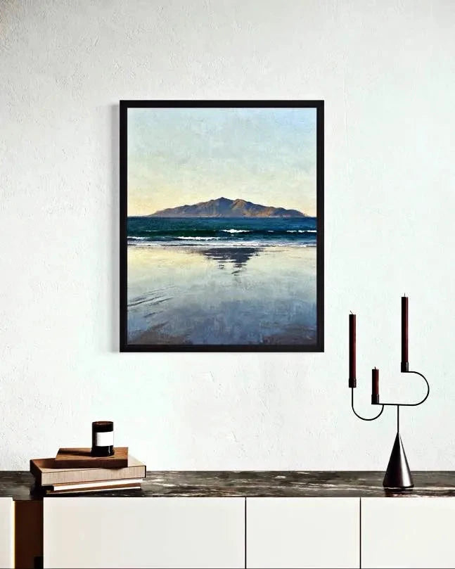 Quiet Horizon Seascape Wall Art above a marble console with candles and books in a minimalist setting. A Calm Ocean Horizon That Brings Stillness to a Space Wall Art.