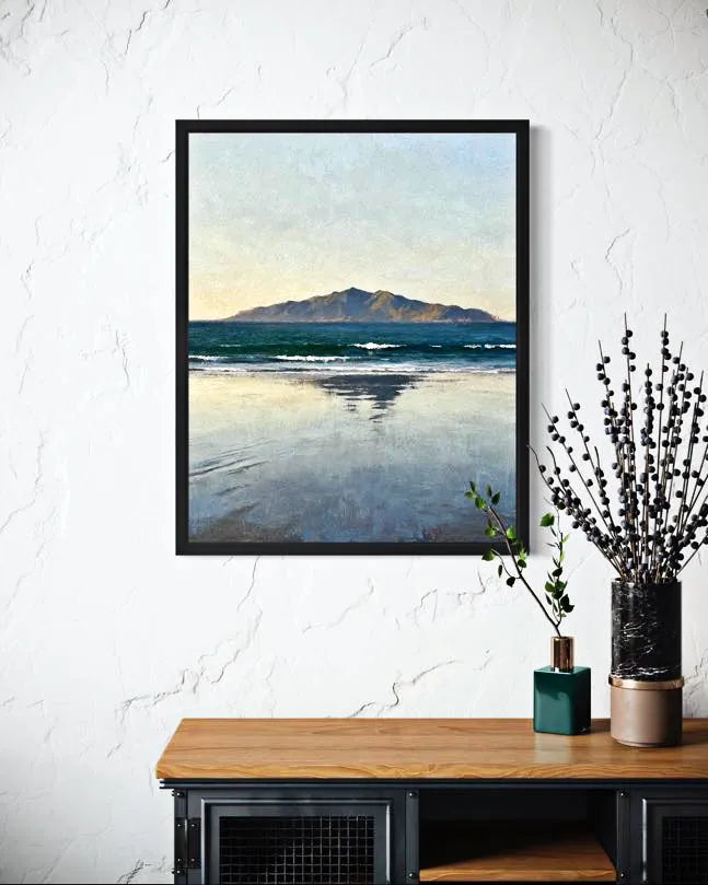 Quiet Horizon Seascape Wall Art displayed above a wooden console with minimalist decor. A Calm Ocean Horizon That Brings Stillness to a Space Wall Art.