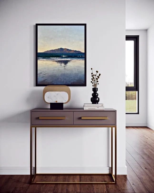 Quiet Horizon Seascape Wall Art above a modern console table with gold accents and minimalist decor. A Calm Ocean Horizon That Brings Stillness to a Space Wall Art.