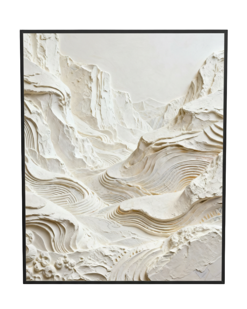 Framed artwork of textured white mountain landscape