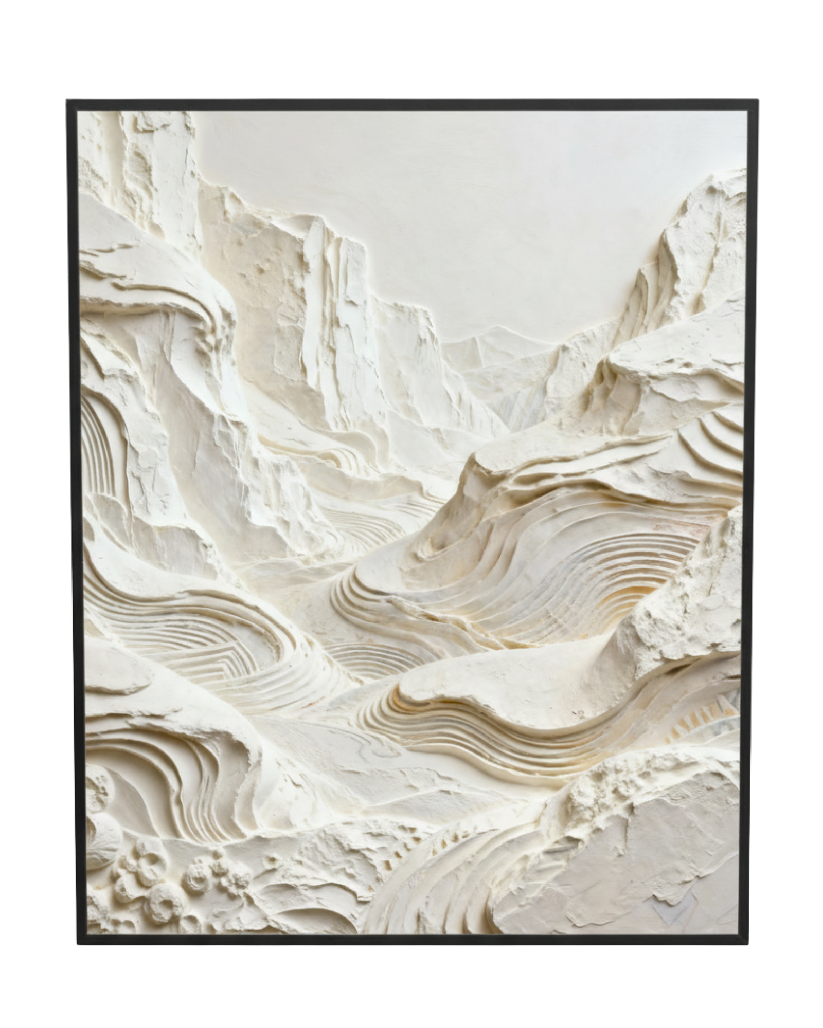 Framed artwork of textured white mountain landscape