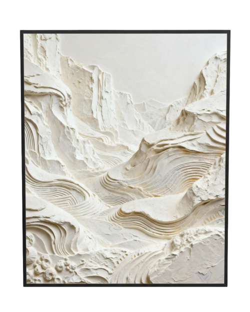 Framed artwork of textured white mountain landscape